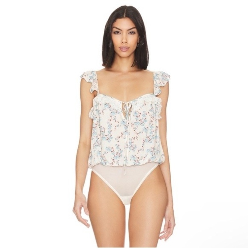 Free People Intimately Floral Lace Trim Bodysuit Ivory Combo Medium